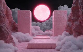 Pink surreal landscape with moon and clouds photo