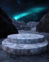A stone pedestal in a snowy mountain landscape under the aurora borealis photo