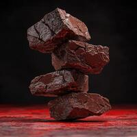 Stack of chocolate fudge brownies on a red surface photo