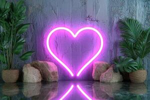 A neon heart sign surrounded by plants and rocks photo
