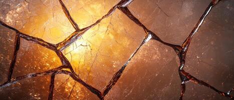 Abstract background of broken glass with golden light shining through the cracks photo