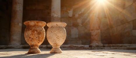 Two ancient vases sit in the sunlight in front of stone columns photo