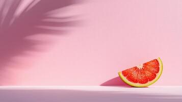 A slice of grapefruit on a pink background with leaf shadows photo