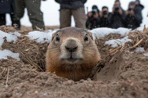 Close up of a groundhog emerging from its burrow photo