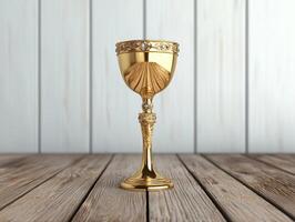 A golden goblet with ornate detailing sits on a wooden table photo