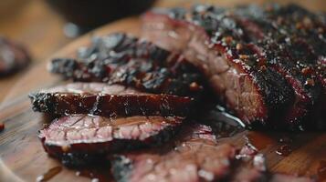 Slices of flavorful smoked brisket display a shiny glaze and deep red color, arranged neatly on a wooden cutting board, showcasing a delicious culinary creation. photo