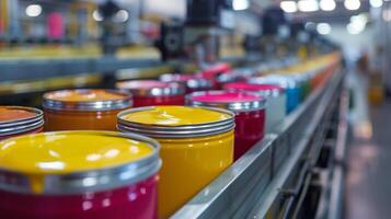 Various vibrant paint cans are lined up along a conveyor belt in a busy manufacturing facility. This setting showcases the color variety and production process during the day. photo