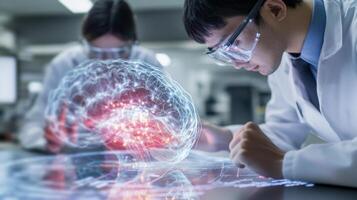 Interns focus on brain research in a modern laboratory. They utilize advanced technology to explore data and gain insights into neurological conditions during their training. photo