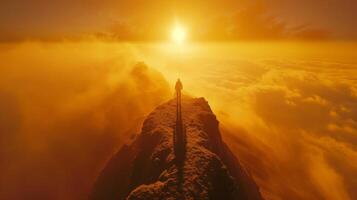 A person stands confidently on a rocky cliff, surrounded by thick clouds as the sun rises. The golden sun casts a warm glow, illuminating the scene with tranquility and wonder. photo