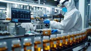 Research is being conducted in a modern pharmaceutical laboratory where scientists in protective gear analyze samples on automated machines while monitoring quality control. photo