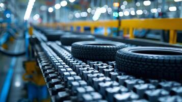 Tires are being assembled and transported along an automated conveyor belt in a busy manufacturing facility during the daytime, highlighting efficient industrial operations. photo
