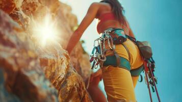 A climber ascends a steep rock face, showcasing strength and determination, with climbing gear visible, under the warm glow of the sun in a vibrant outdoor landscape photo