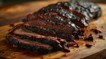 Sliced and perfectly smoked brisket rests on a wooden cutting board, showcasing its rich colors and texture, ideal for a summer barbecue feast among friends and family. photo