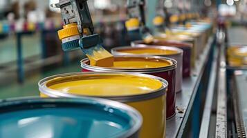 Automated machinery meticulously fills colorful paint cans in a busy factory setting, showcasing a streamlined production process in broad daylight. photo