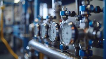 Close up view of pressure gauges and piping within an industrial setting, illustrating the detailed machinery involved in monitoring and controlling operational parameters. photo