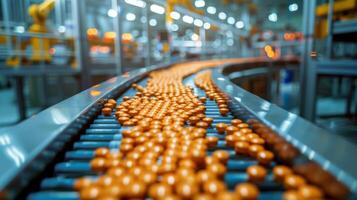 Orange balls are being efficiently transported on a conveyor belt in a modern manufacturing facility with automated machinery and bright lighting. photo