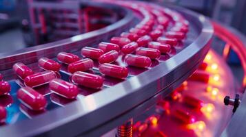 Red capsules travel smoothly along a metallic conveyor belt in a pharmaceutical facility. The setup showcases advanced machinery working efficiently in a clean environment. photo