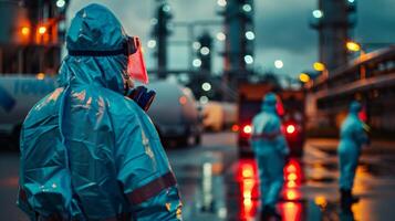 Group of workers wearing protective clothing monitor safety protocols at an industrial site as evening approaches, highlighting a serious and cautious atmosphere. photo