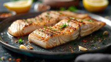 Juicy salmon fillets are beautifully grilled and garnished with fresh herbs and spices, served on a rustic plate with lemon slices in a cozy kitchen atmosphere. photo