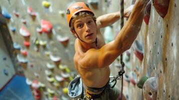 A skilled climber ascends a colorful rock wall inside a climbing gym, showcasing athleticism and concentration. Surrounded by various holds, he prepares for the next move. photo