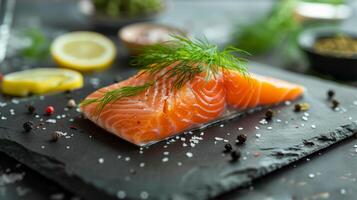 A vibrant salmon fillet garnished with fresh dill and surrounded by lemon slices, salt, and spices on a dark slate platter, highlighting culinary art and fresh ingredients. photo