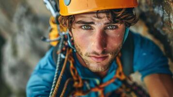 A skilled young climber meticulously navigates a steep rock face, showcasing determination and focus, with safety gear and harnesses in bright natural sunlight. photo