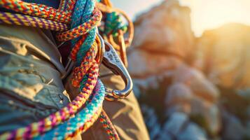 A climber is gearing up, showcasing vibrant climbing ropes and a carabiner, with a beautiful sunset illuminating rugged rocks in the background. photo