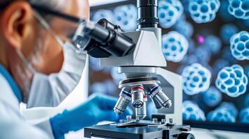 A scientist in a lab coat and mask examines cellular structures through a microscope, with digital screens displaying colorful images of cells in the background. photo