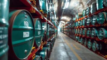Numerous green barrels are neatly arranged on shelves within a dimly lit underground corridor, creating an organized yet expansive storage space. photo
