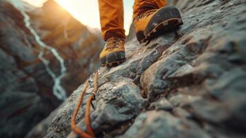 Climber navigates steep rocky surface while secured with gear, illuminated by warm golden sunset in a stunning mountain range. photo