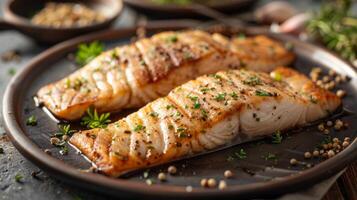 Freshly grilled salmon fillets lightly seasoned and garnished with green herbs, presented beautifully on a dark plate in a warm kitchen atmosphere. photo