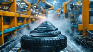 Robotic arms efficiently work on a tire production line, with steam rising as vehicles await assembly in a large factory setting under bright lights. photo