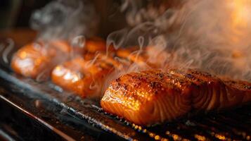 Salmon fillets are being grilled on a barbecue, with steam and smoke rising in the air, creating a vibrant and inviting atmosphere for a summer evening gathering in the backyard. photo