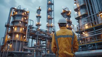 A worker in a yellow jacket and hard hat stands in front of towering industrial equipment at dusk. The area is well lit, showcasing the complex structures against a moody sky. photo