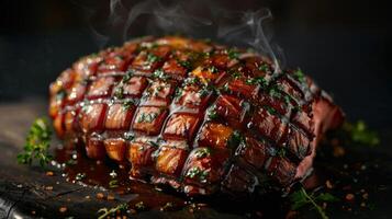 A beautifully roasted piece of meat is presented with a glossy glaze on its surface. Aromatic herbs and spices are sprinkled on top, enhancing its appetizing appearance. photo