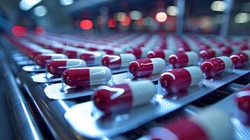 Capsules in red and white colors are arranged neatly on a conveyor belt inside a pharmaceutical production facility, showcasing the manufacturing process in action. photo