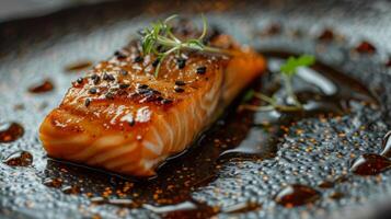 A beautifully presented salmon fillet is grilled to perfection, garnished with fresh herbs, and served with a rich sauce on a textured black plate, enhancing its appetizing appearance. photo