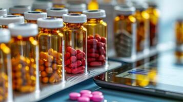 Bottles filled with various pills and tablets are arranged neatly on a surface next to a smartphone showing health statistics, emphasizing the connection between medicine and technology. photo