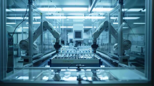 Robotic arms are carefully assembling components on a conveyor in a high tech factory. Bright lighting highlights the precision of machinery and organized workflow. photo