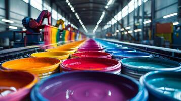 Brightly colored buckets of paint arranged in a row inside a spacious industrial facility, with robotic arms engaged in an efficient production process during daylight. photo