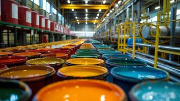 Colorful paint cans line the floor of a spacious industrial warehouse, illuminated by natural light filtering through large windows, creating a dynamic atmosphere. photo
