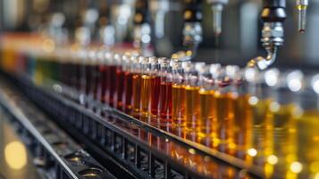 Rows of small glass containers filled with vibrant colored liquids are lined up as a machine dispenses various beverages in a production facility. photo