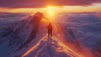A climber stands on a snowy mountain peak as the sun sets, casting a warm glow over the clouds and surrounding peaks. The breathtaking landscape showcases nature's beauty and tranquility. photo