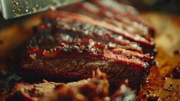 Juicy slices of barbecue brisket rest on a wooden cutting board, with smoky char and savory spices visible. Friends gather around, enjoying flavors of summer grilling. photo