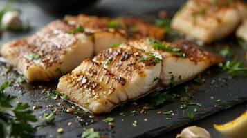Grilled fish fillets are beautifully presented on a black slate platter, garnished with fresh herbs and spices, highlighting skilled cooking techniques and vibrant flavors. photo