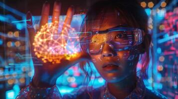 A young researcher stands in a high tech laboratory, gazing at a glowing holographic brain projection while colorful lights illuminate the surroundings, emphasizing her focus on innovation. photo