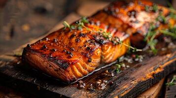 A beautifully cooked salmon fillet is presented on a wooden board, garnished with fresh herbs and spices, highlighting its rich color and texture in a warm kitchen atmosphere. photo