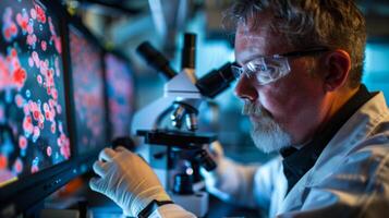 A scientist in a lab coat focuses intently on samples using a microscope. Surrounding screens display detailed cellular images. The environment is illuminated with a cool blue light. photo