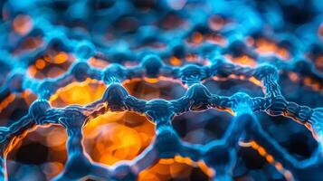 Close up of a complex molecular lattice, illuminated with blue and orange hues, highlighting the interconnections and geometric patterns typical in scientific research. photo