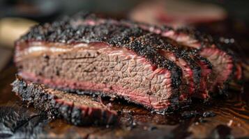 Mouthwatering smoked brisket rests on a wooden board, showcasing a deep crust and tender slices, ideal for summer barbecues. The inviting kitchen ambience adds to the culinary experience. photo